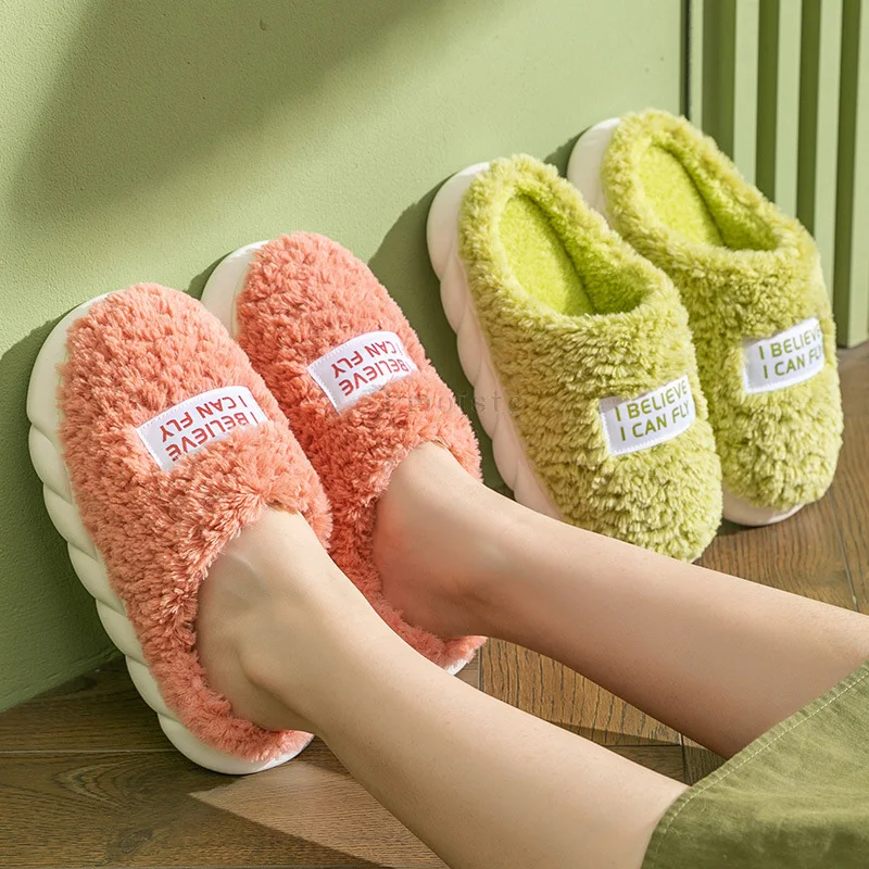 Home Slippers for Women Platform Shoes with Fur Classic Solid Plush Warm Home Slippers Soft Female Indoor Slippers Couples