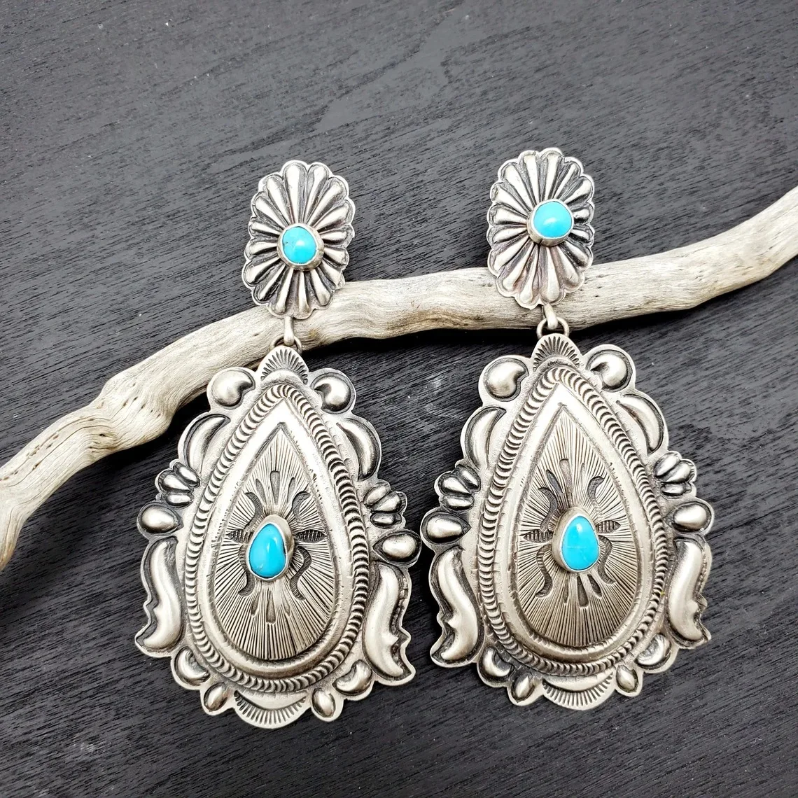 

New European And American Retro Bohemian Turquoise Earrings Female Geometric Carved Exaggerated Earrings