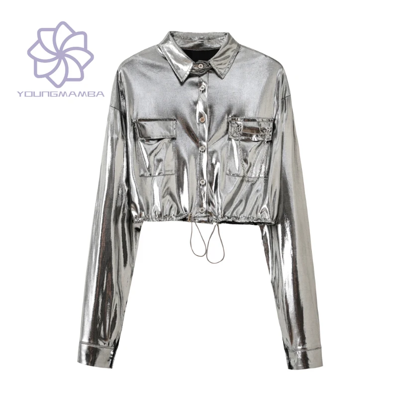 

Women Shirts 2023 Fashion Long Sleeve Casual Female Blouses Loose Short Pocket Drawstring Design Tops