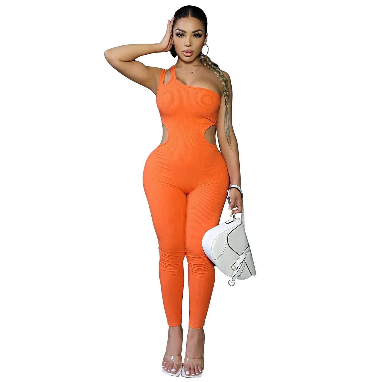 Casaul Women Jumpsuit One Shoulder Cut Out Streetwear Playsuit Solid Color Long Romper Women Jumpsuit Overalls