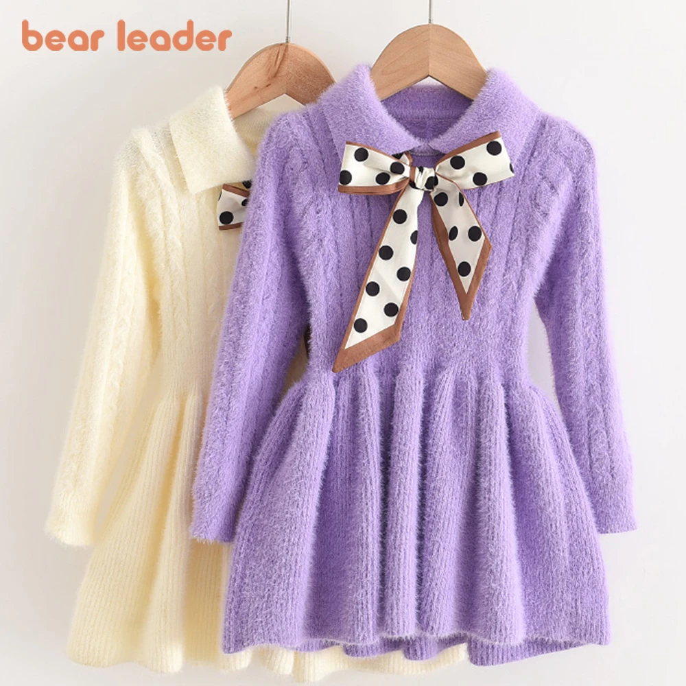 

Bear Leader/осенне-зимнее платье-свитер с длинными рукавами для девочек; Рождественское праздничное платье для девочек; Вязаное шерстяное плать...