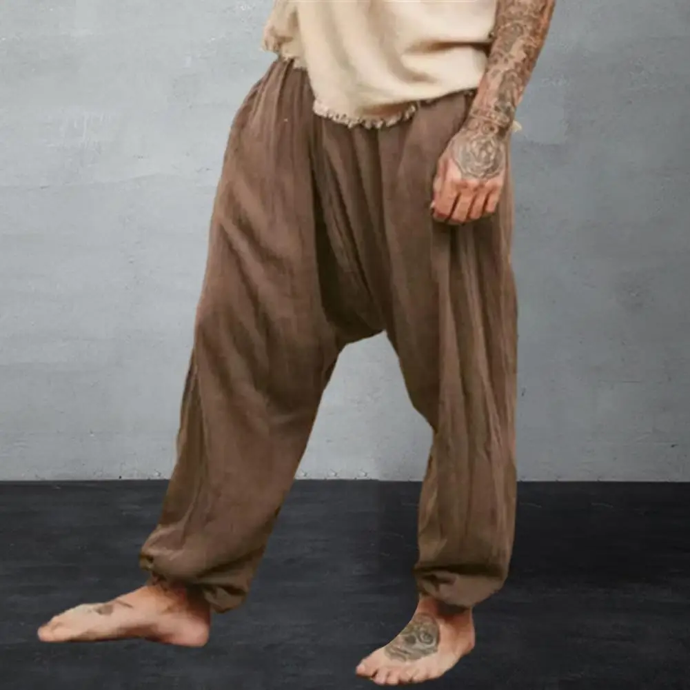 

Men Pants Elastic Waist Solid Color Soft Men Long Pants Ankle-banded Pocket Baggy Vintage Men Daily Long Trousers