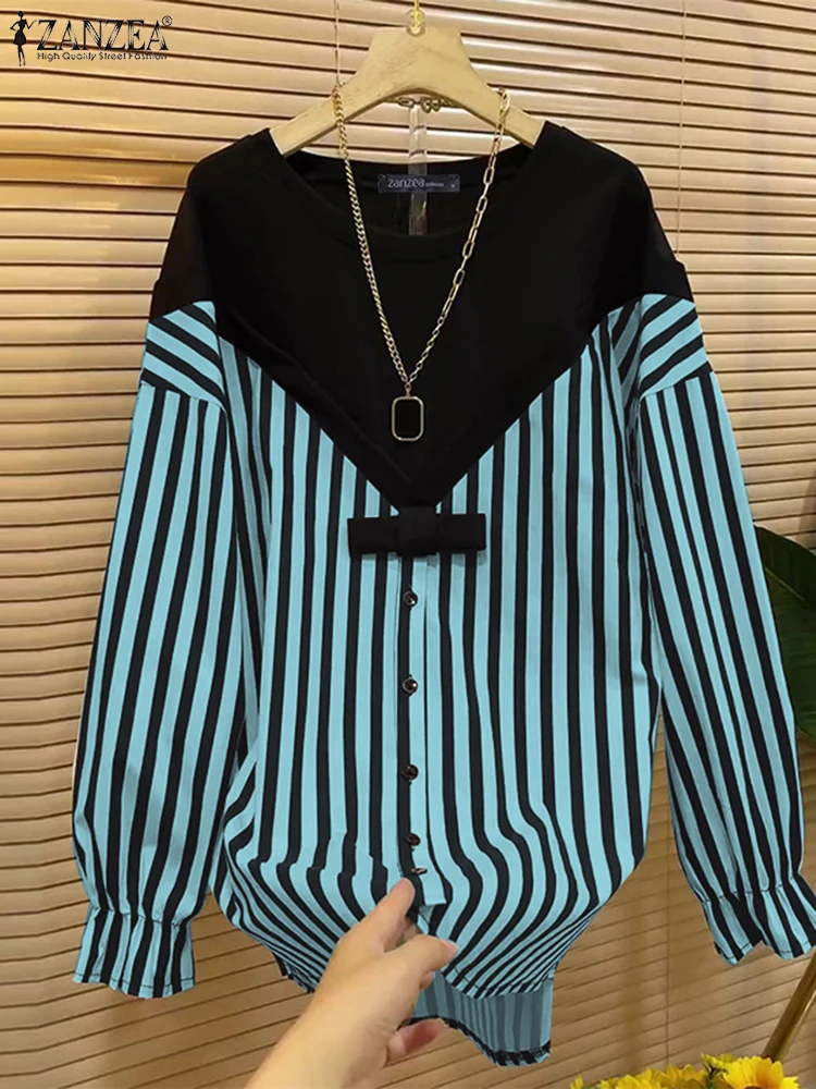 ZANZEA повседневные топы в полоску с принтом 2024 женские рубашки круглым вырезом и