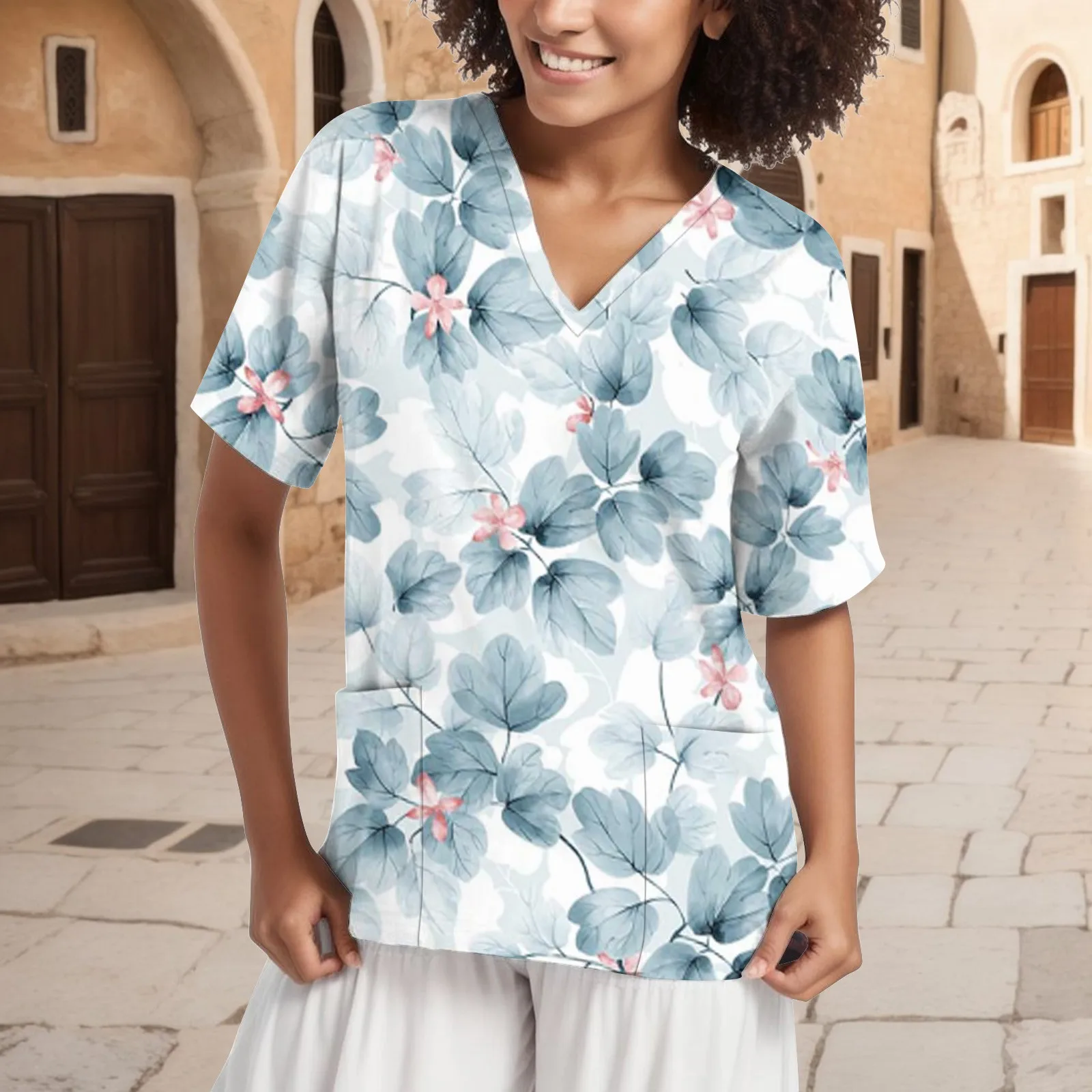 

Эстетическая форма медсестры с цветочным принтом, лабораторные комбинезоны для зоомагазина, модные облегающие дышащие матовые топы, Новая высококачественная футболка