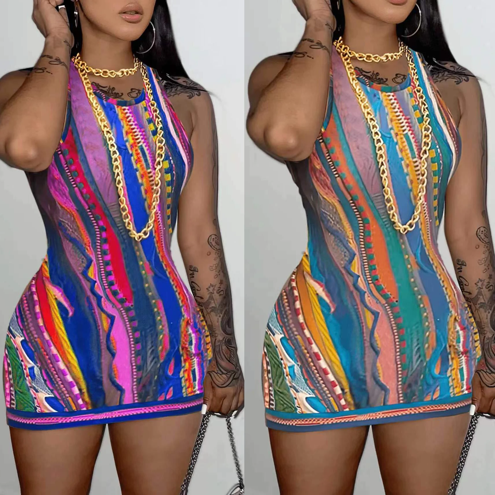 

Women colorful print Slim Bodycon Tank Mini Dress 2023 Summer Sexy Fashion Sweet Cute Party Club Dresses Vestidos