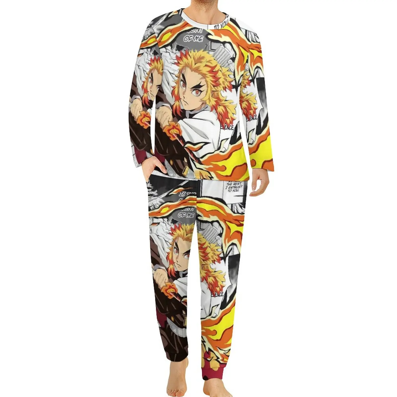 

Demon Slayer Japanese Pajamas Spring 2 Pieces Rengoku Kyojuro Warm Pajama Sets Male Long Sleeve Room Design Sleepwear Big Size