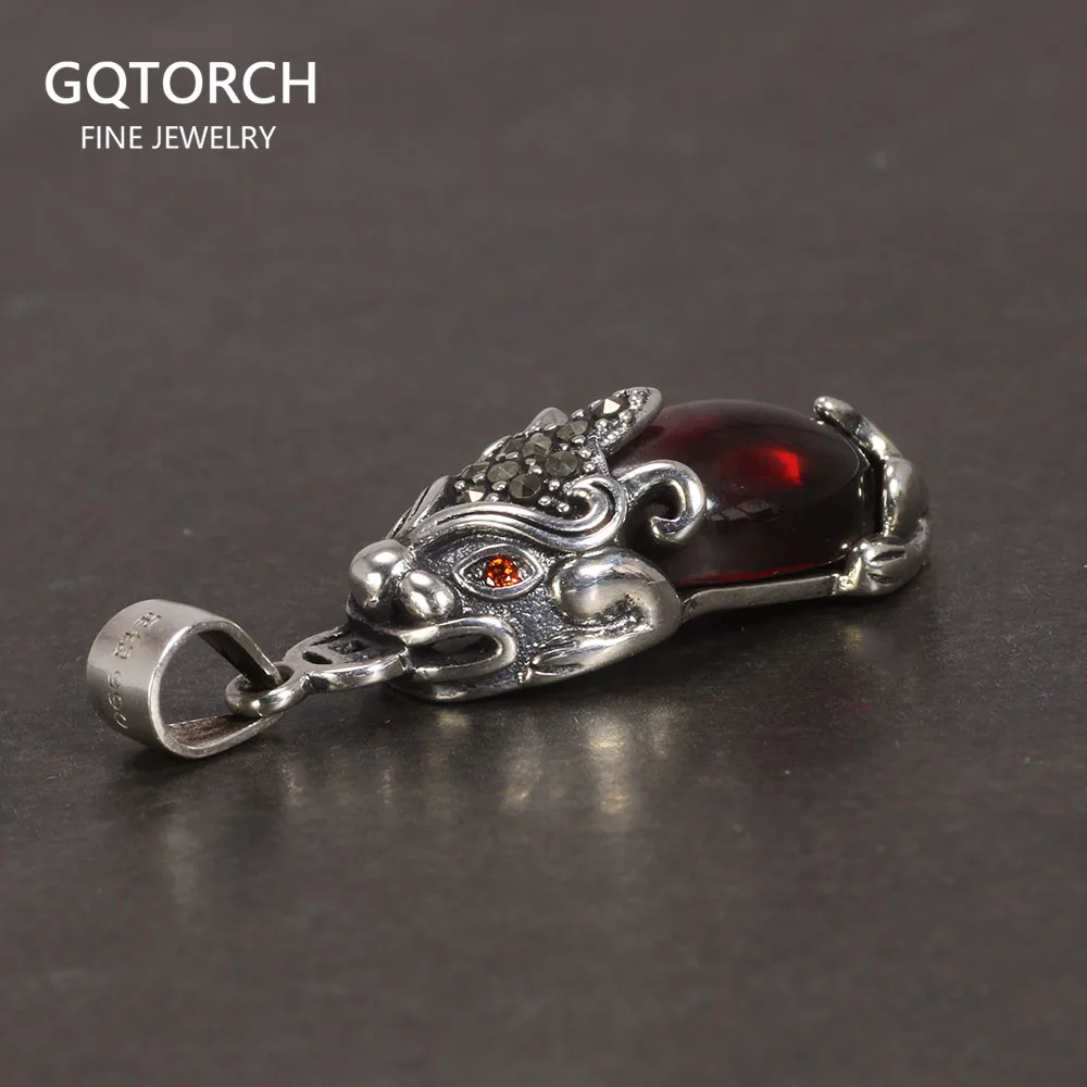 

925 Sterling Silver Jewelry Pi Xiu Brave Troops Pendant For Women Inlaid Red Garnet Stone With Lucky Coin Hollow Design