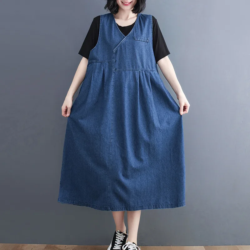 

#2467 Tank Top Denim Dresses For Women Loose Summer 2022 Blue Jeans Dress V-neck Vintage Midi Dresses Ladies Pockets Buttons