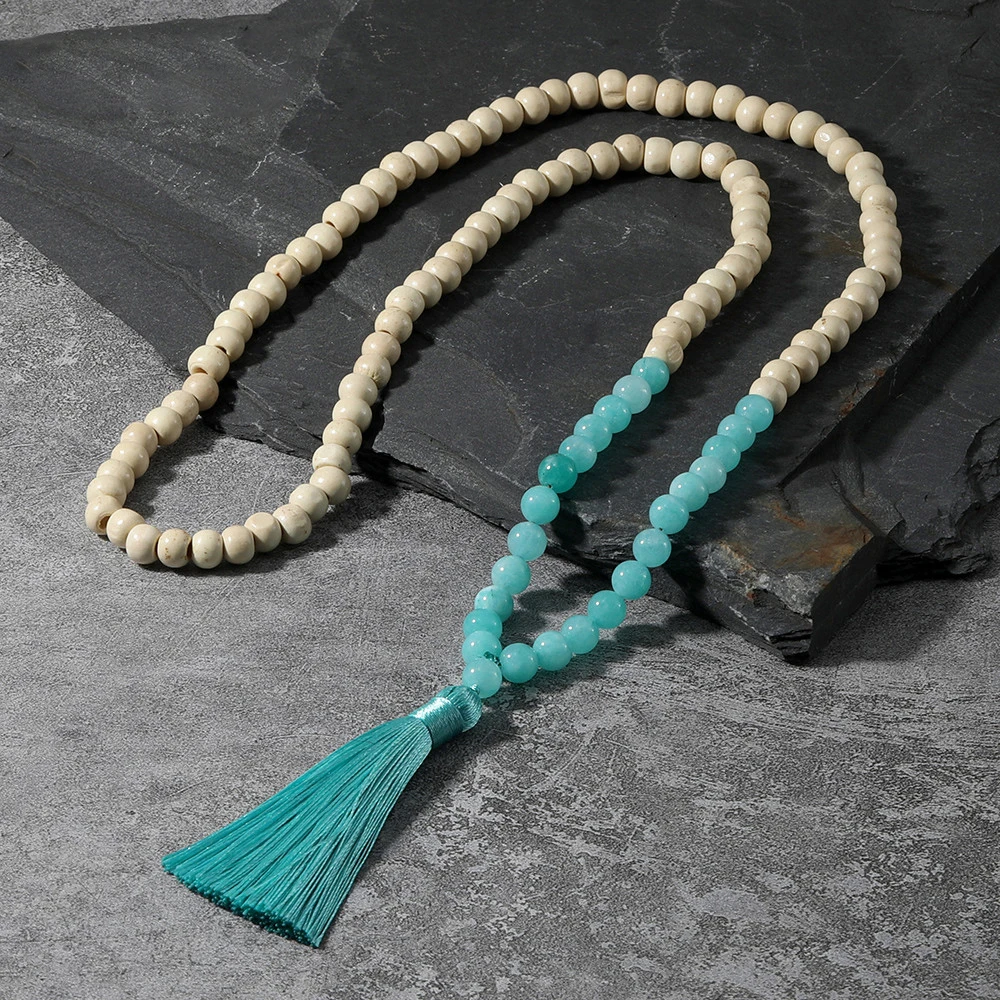 Жемчужное ожерелье OAIITE Mala желтый тигровый глаз синий камень деревянные бусины