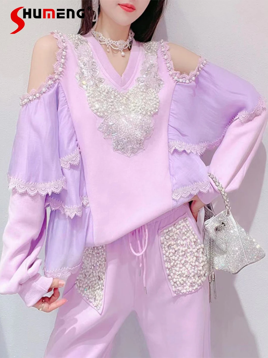 

Women 2022 Autumn New Korean Style Fashion Sweet Sweatshirt Ladies Fairy Beads Lace Off-Shoulder Slimming Pullover Hoodie Top