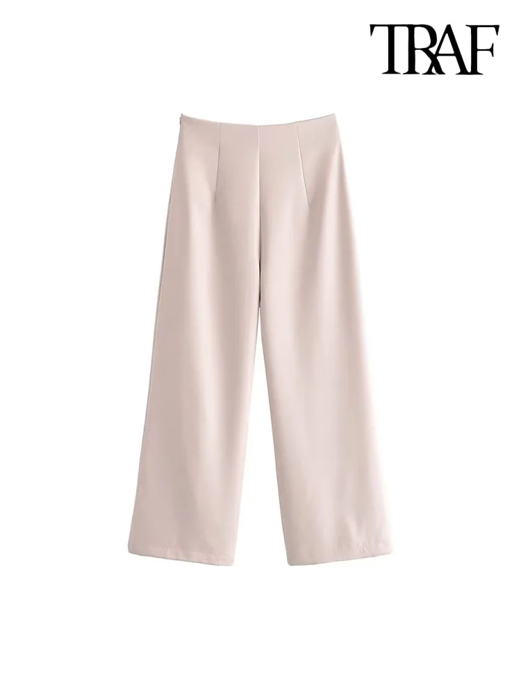 

TRAF Women Fashion Office Wear Wide Leg Pants Vintage High Waist Side Zipper Female Trousers Mujer