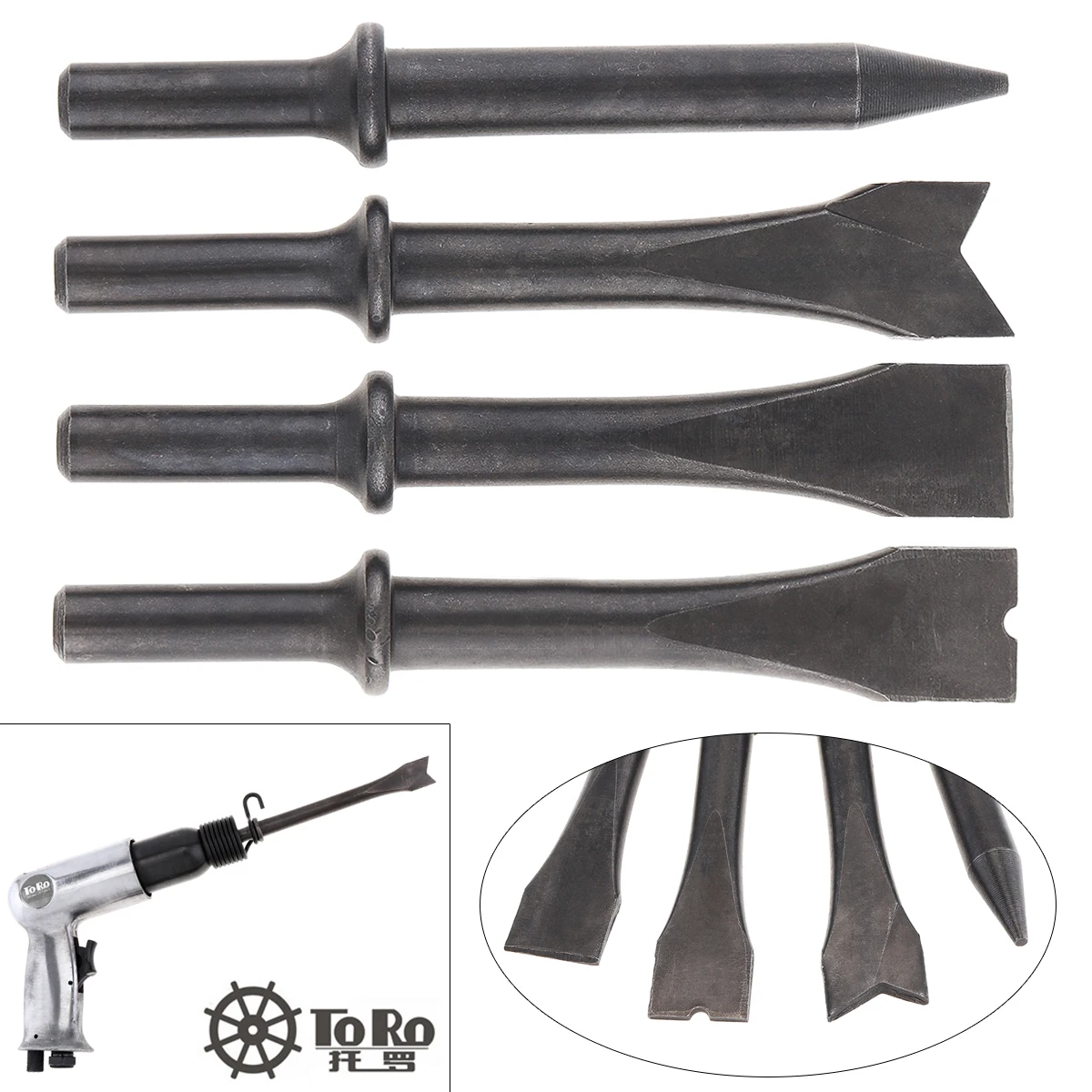 4pcs/set Short Air Chisel Hard 45# Steel Solid Air Chisel Impact Head Support Pneumatic Tool for Cutting Rusting Removal