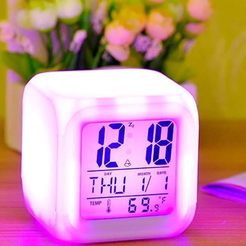 

LED Alarm Colock 7 Colors Changing Digital Desk Gadget Digital Alarm Thermometer Night Glowing Cube Led Clock Home