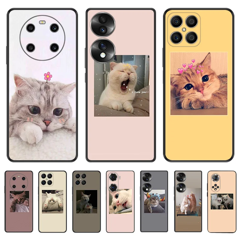 

Cute Cat Funny Art Matte Black Phone Case for Honor X8 X7 X9 X6 X40 20 30 i 50 60 SE 70 Pro Magic4 Play 6T 9A 6C Silicone Cover