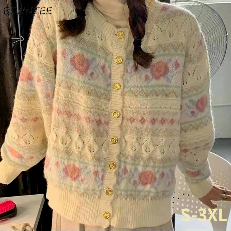 Cardigan Women Floral Hollow Out Spring Kawaii Students Cozy Knitwear Casual Chic Loose Popualr Design Sweet Ladies Ins Newest