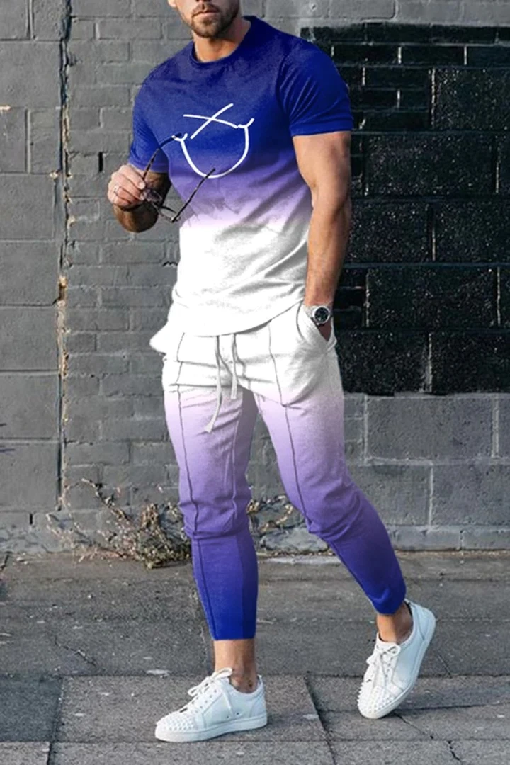 Men's Fashion T-Shirt Gradient Purple And White  3D Printed Men's Sets Casual Suit