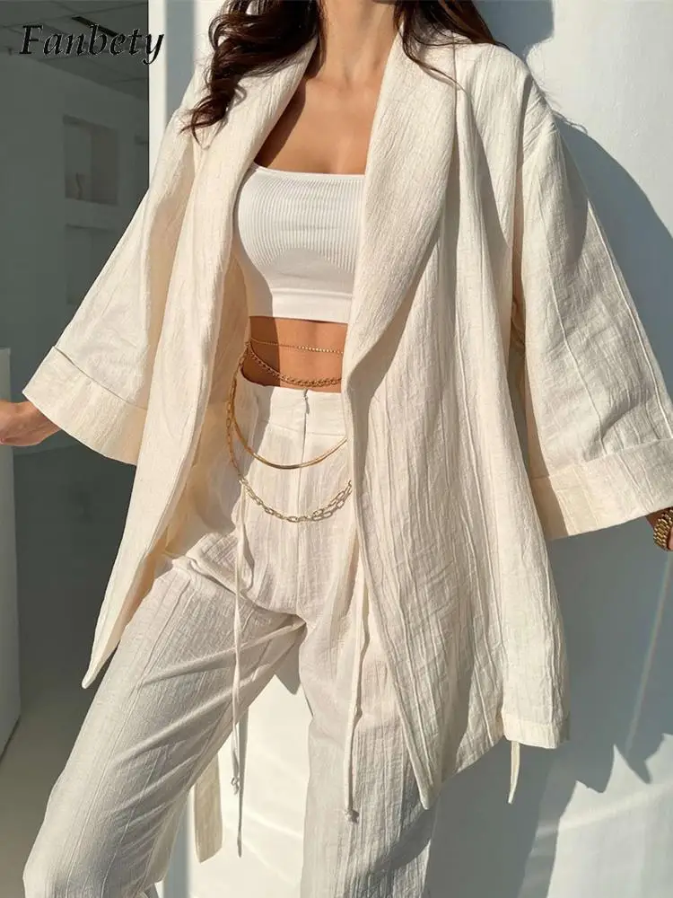 

Women Fashion Turn-down Collar Two Piece Set Summer Casual Solid Cotton Pants Home Suits Lady Elegant Loose Robe Tops Outfits
