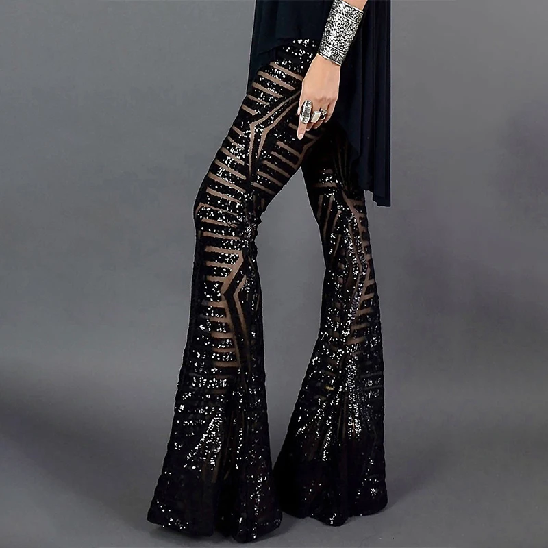 2022 Spring Casual Fashion Sexy Women's High-waisted Sequin Pants Loose Wide-leg Trousers Adults  Clubwear High Streetwear