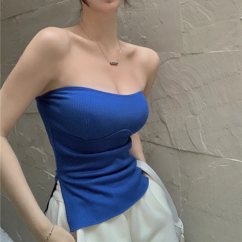 

Y2k синее красивое нижнее белье на спине, топы, женские летние короткие облегающие майки без бретелек для ношения внутри и снаружи