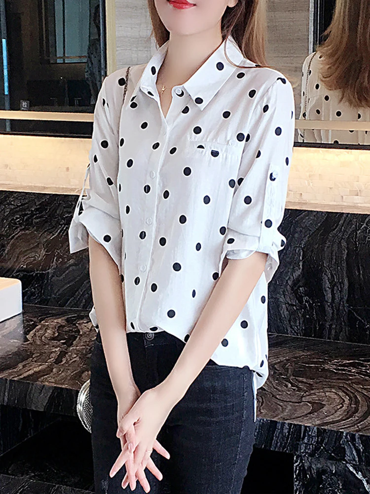 

Female Chiffon Top Elegant Stripe Polka Dot Women Shirt Adjustable Sleeve Office Ladies Summer Autumn Top 2022 Large Size