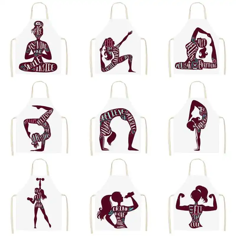 

Kitchen Apron Cartoon Yoga Pose Print Aprons for Women Cotton Linens Home Household Cleaning Restaurant Chef Anti-Dirt Pinafore