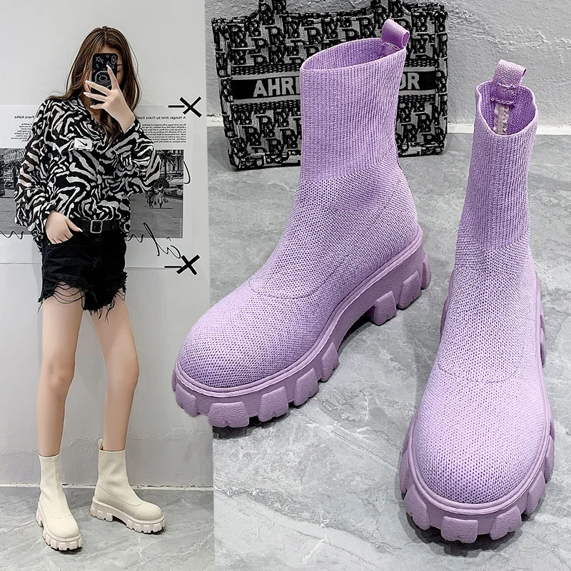 

2022 Women Thick Soles Casual Large Red Knitted Ankle Boots Spring New Women's Socks Boots Ladies Botas De Mujer Shoes Female