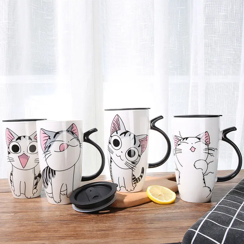 

600ml Cute Cat Ceramics Coffee Mug with Lid Large Capacity Creative Animal Mugs Drinkware Coffee Tea Cups Milk Cup Novelty Gifts