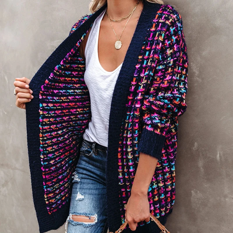 

Women Vintage Long Coats Bohemian Plaid Cardigans 2021 Female Jackets Knitwear Winter Slim Color Sweater Cardigan with Pockets