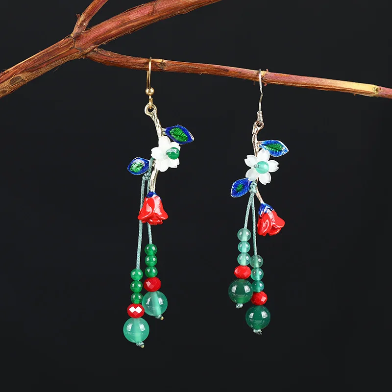 

Retro Ethnic Jewelry Dripping Oil Alloy Rose Earrings Antique Agate Crystal Personalized Earrings