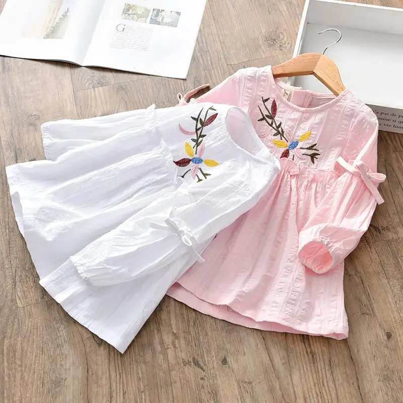

Children Spring Long Long Sleeve Dresses Vintage Style Beautifully Embroidered Dress Linen Comfortable Soft Kids Wear G84