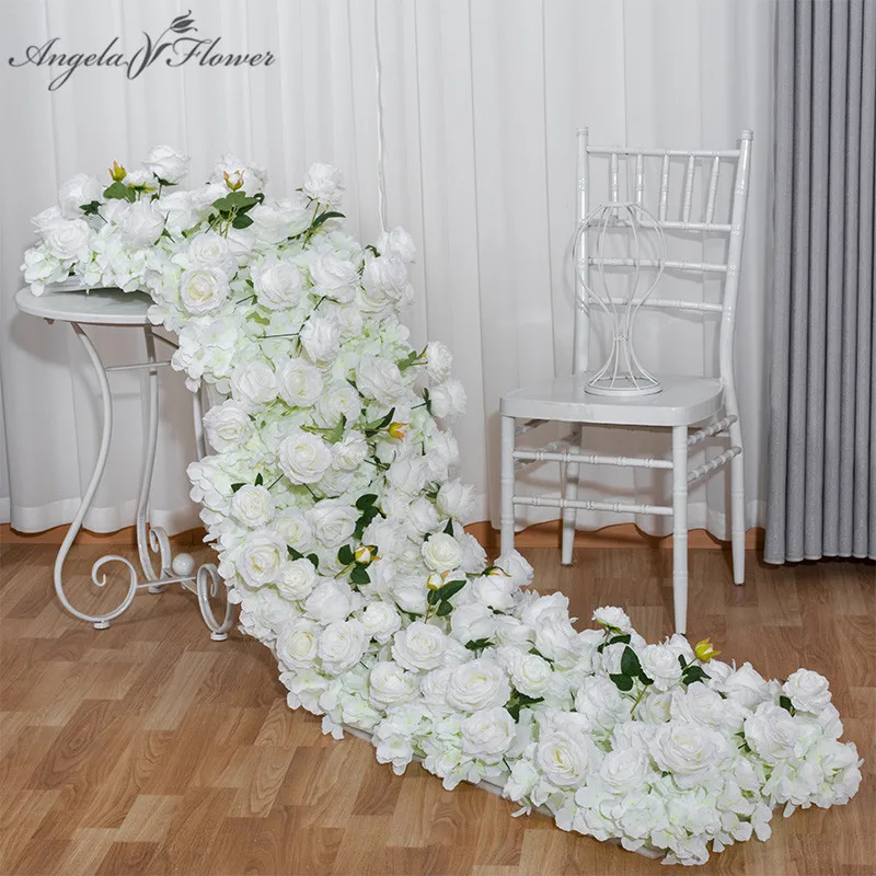 

White Rose Hydrangea Large Flower Ball Artificial Green Plants Flower Row Runner Wedding Backdrop Decor Floral Wall Party Props