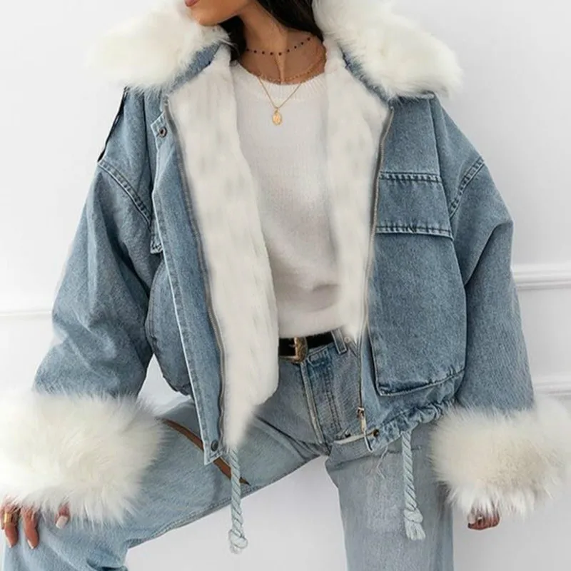 Vintage Woman Jacket Navidad Blue Black Jacket for Women Oversized Faux Fur Thick Warm Parkas with Fur Tassels Slim Coats Winter