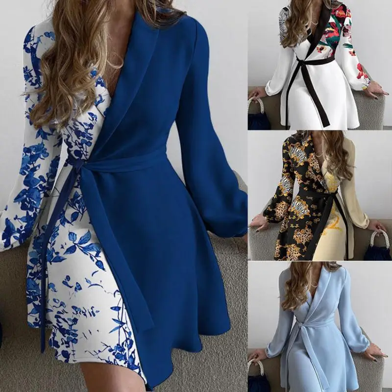 

Trendy Women's Autumn Temperament One-Piece Color-Block Tie Dress