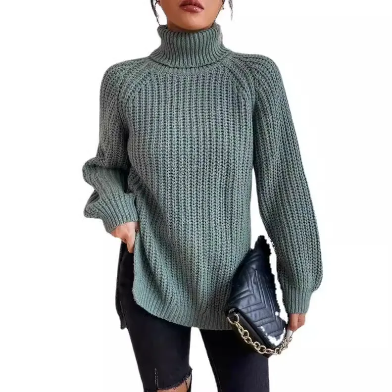 Фото 2024 Autumn Winter Clothes Women New Knitted Sweater Medium and Long Solid High Lapel Neck Split Sweater Pullover Dress Women №1