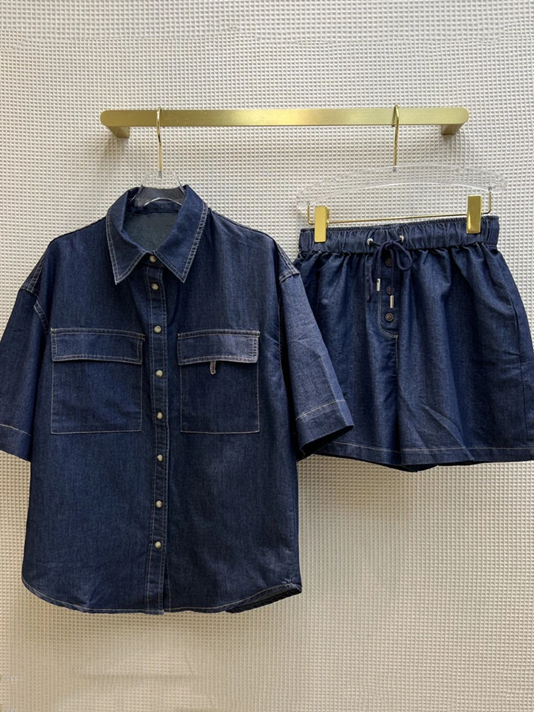 

Women Summer Two Pieces Denim Sets Turn Down Collar Single Buttons Loose Shirts and Elastic Waist Short Pants Casual Denim Suits
