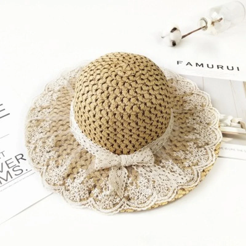 

Parent-child Summer Women's Sun Hat Bucket cap beige lace Bowknot Flowers Ribbon Flat top Straw Hats Beach Caps Panama seaside