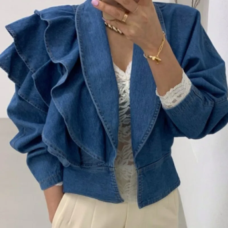

2022 Women Cropped Denim Jacket Turn-down Collar Puff Sleeve Ruffles Crop Tops Korean Jean Coat