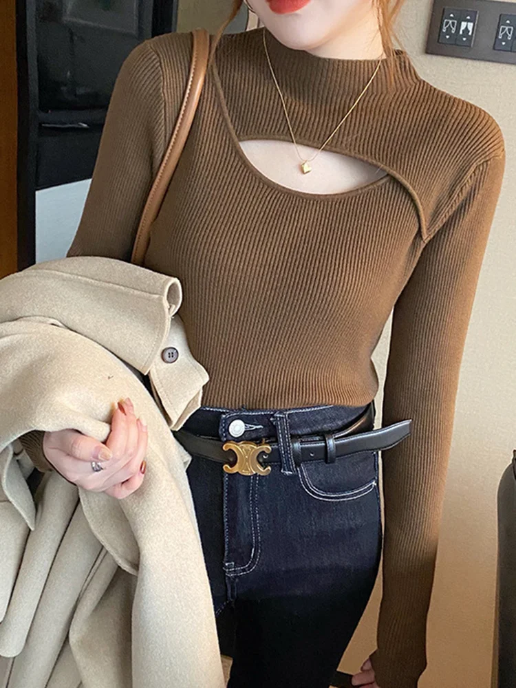

Women'S Turtleneck Vintage Long Sleeve Pullovers Hollow Out Sweater Chic Korean Style Slim Autumn Y2k Ofiice Lady Tops Clothes