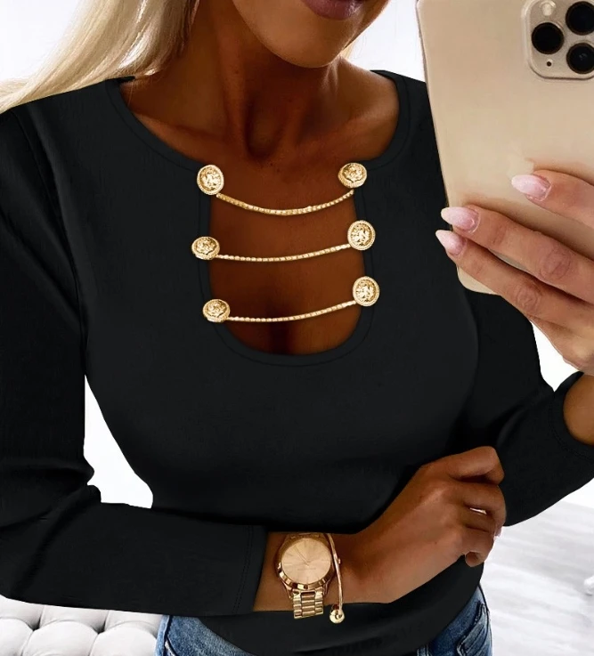 

Fashion Bloues for Women 2023 Autumn New Chain Decor Long Sleeve Top Casual Asymmetrical Neck Tee Casual Versatile Pullover
