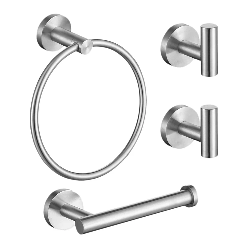 

HOT SALE 4Pcs Bathroom Hardware Set Stainless Steel Towel Ring Toilet Paper Holder And Robe Hooks, Wall Mounted Bathroom Fixture