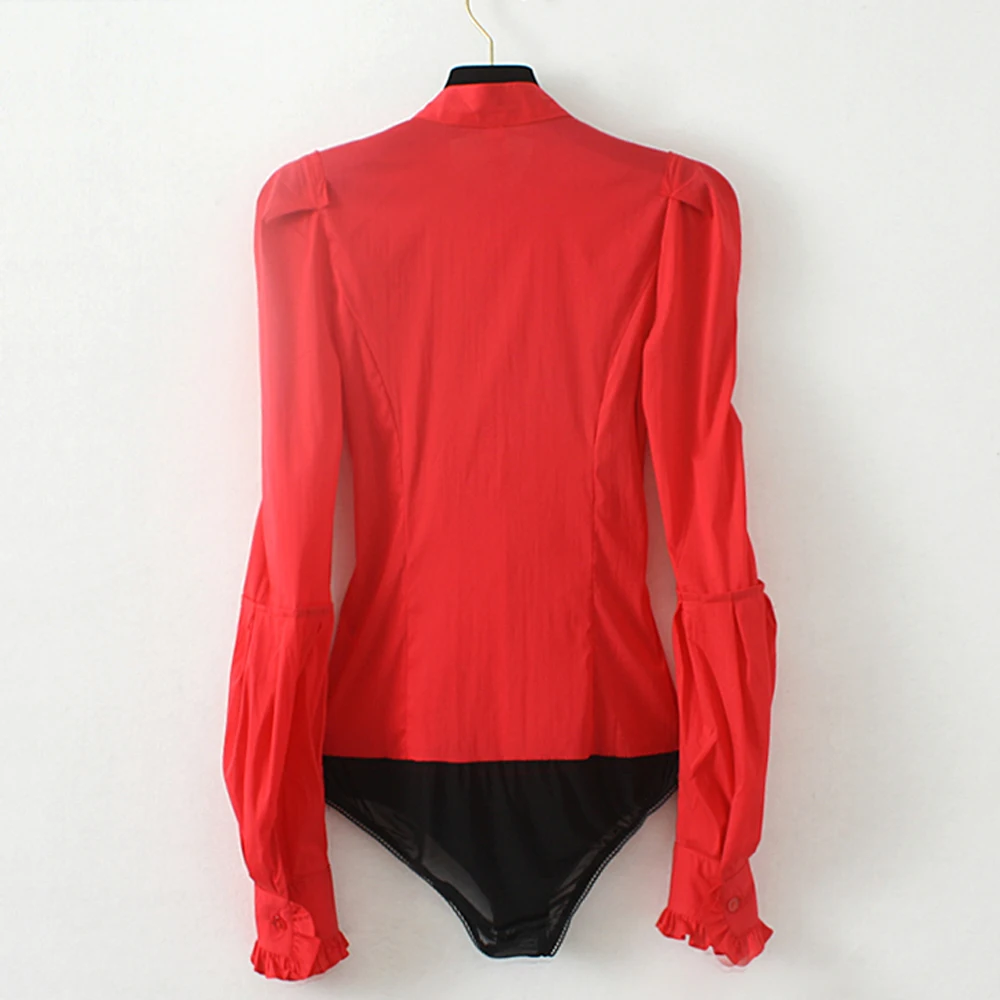 Женская офисная блузка с длинными рукавами-фонариками и воротником-стойкой |