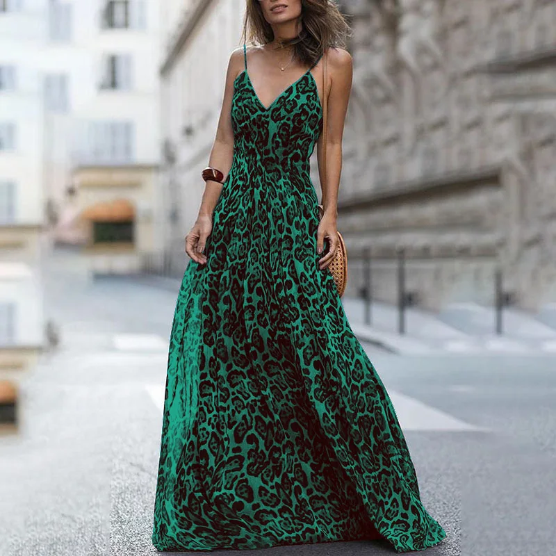 

2022 Fashion Sexy Dress Leopard V-Neck Sling Dress Maxi Dresses Women Summer Sleeveless Chiffon Beach Long Dress Robe