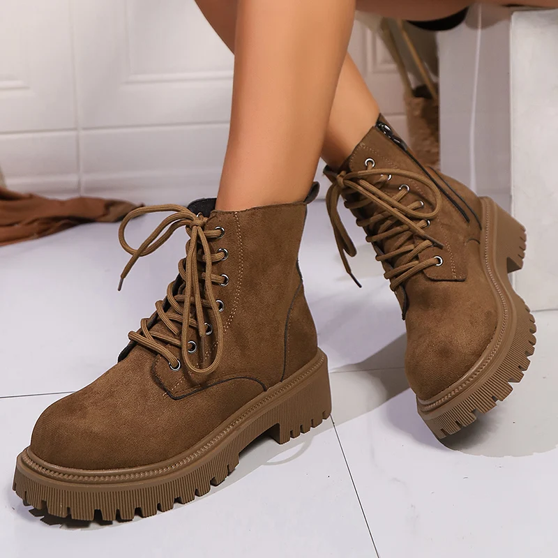 Женские ботильоны на платформе Dark Borwn мотоциклетная обувь толстой подошве с