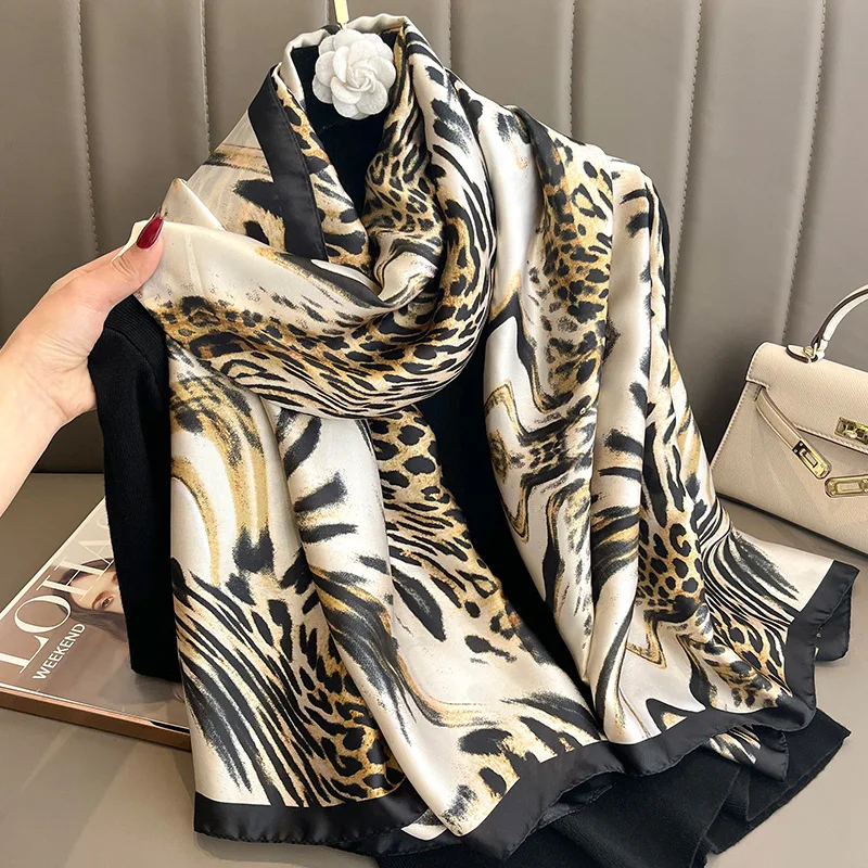 

Роскошный брендовый женский шарф, шелковые шарфы с леопардовым принтом, летние шали, палантины, мягкая Пашмина, Женская бандана, модель 2023
