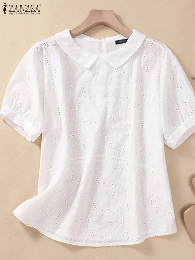

Лето 2023, свободные топы ZANZEA, туника, повседневные рубашки с вышивкой, блуза с коротким рукавом в стиле оверсайз, Женская однотонная модная блузка с кукольным воротником