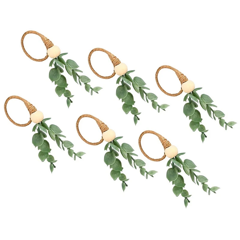 

18 Pieces Eucalyptus Napkin Rings Handmade Wooden Beads Home Decor Faux Greenery Napkin Holders For Weddings,Party,Etc
