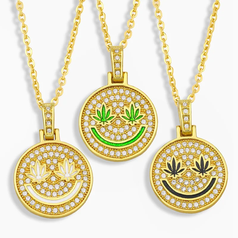 

Trendy Round Pave Zircon Smiley Face Expression Pendant Necklace For Women Maple Leaf Choker Hip HOP Sweater Chain Jewelry Gifts