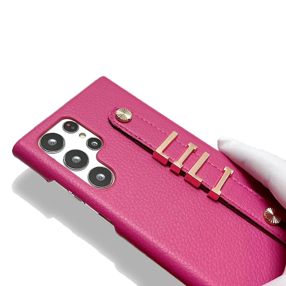 Luxury Leather Custom Name Rose Gold Metal Letters Phone Case For Samsung S20 S21 Fe S22 Plus Note20 Ultra Holder Personalized