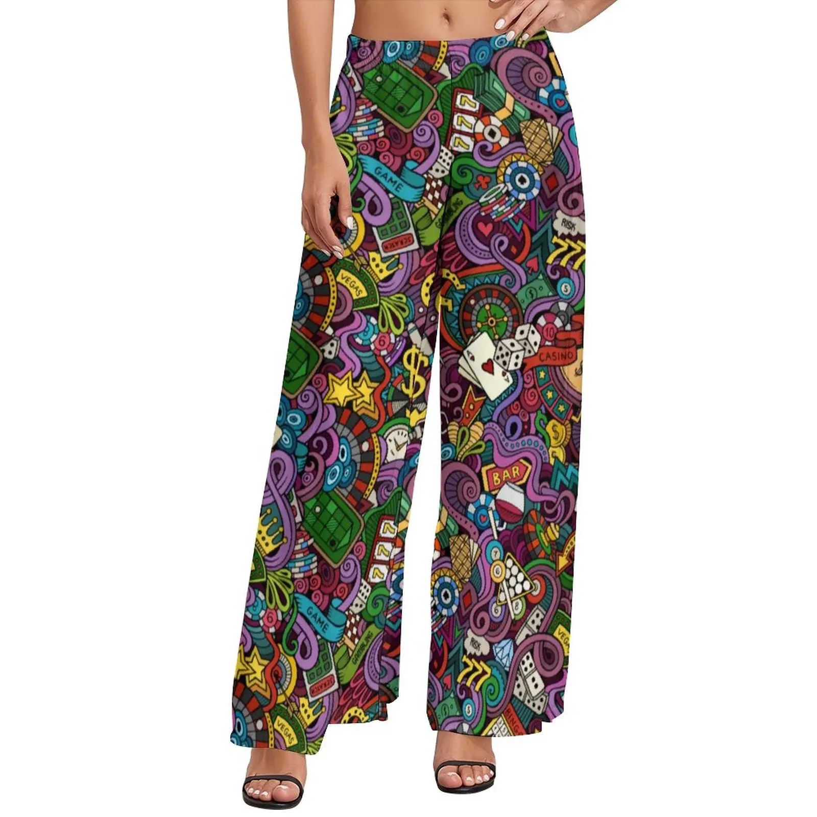 

Colorful Vacation Pants Female Gambling Casino Pop Streetwear Trousers Elastic High Waist Home Wide Leg Pants Birthday Present