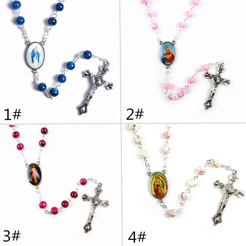 Vintage Cross Rosary Necklace 6mm Round Blue Glass Beads Virgin Mary Jesus Pendant Women Catholic Religious Jewelry | Украшения и